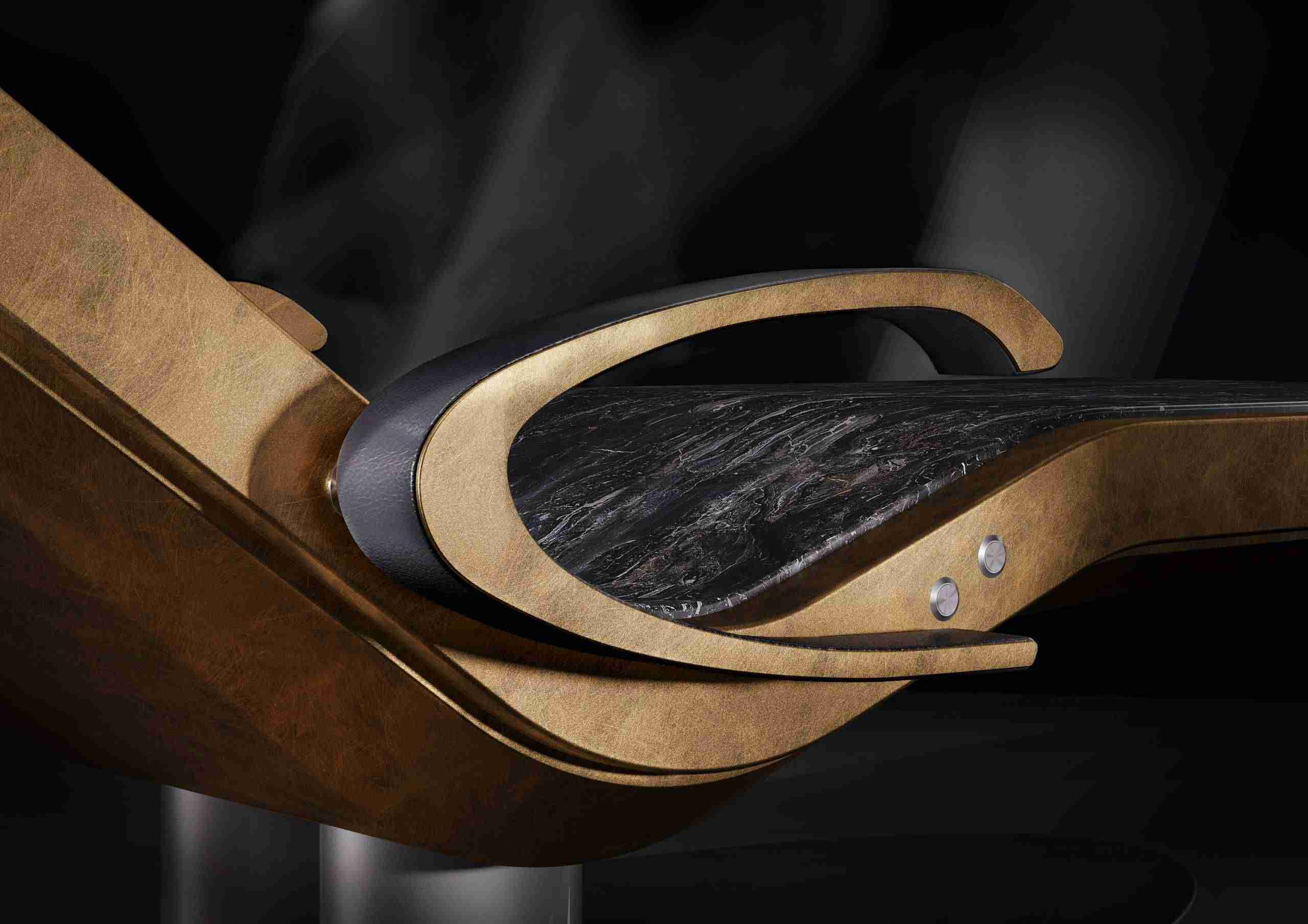 Caesar Armrest Close-Up — Handcrafted Nero Marquina Marble With Bevelled Hygienic Edges For Easy Sanitisation.