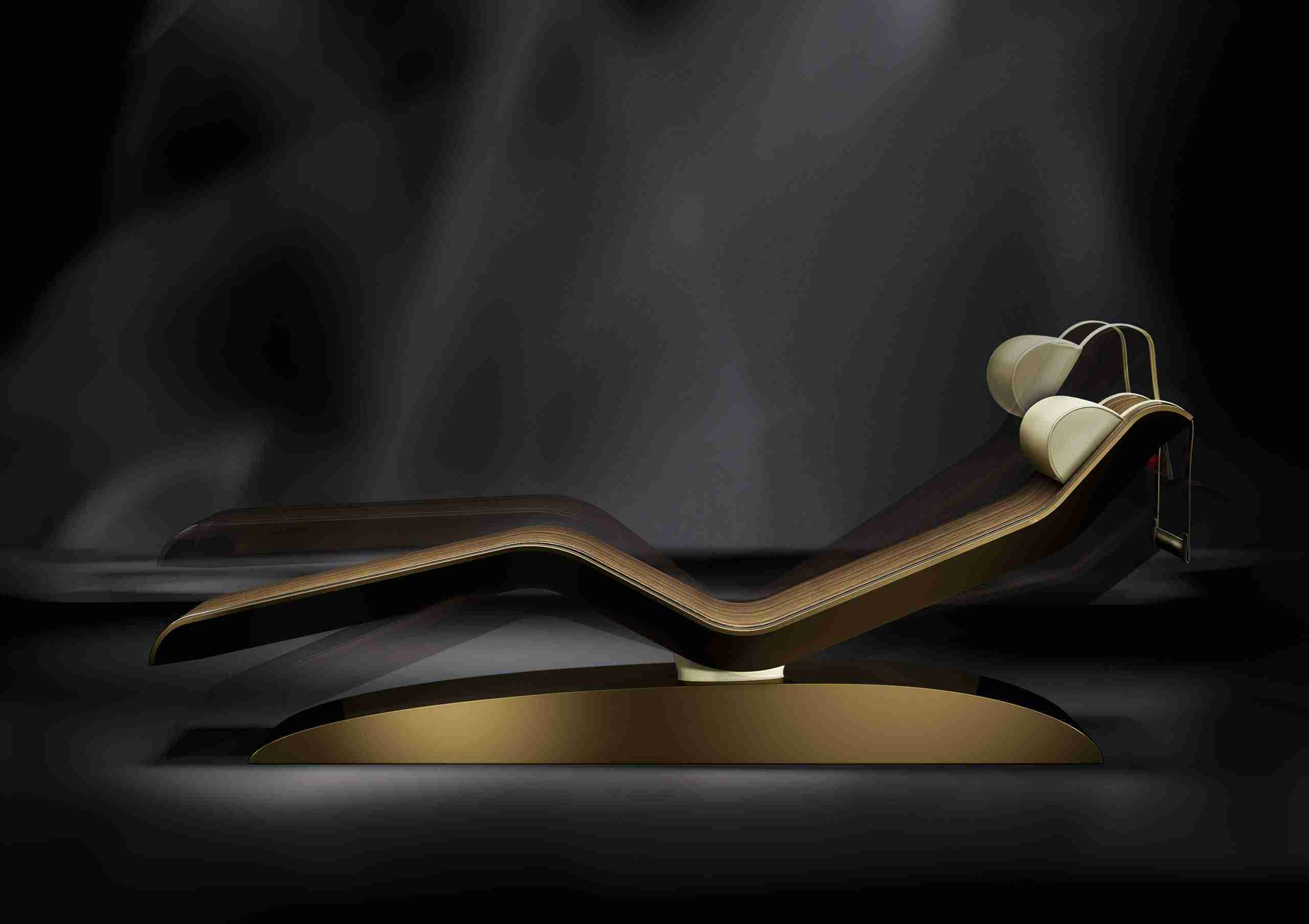 Diva Moderno Tilting Controls — Heated Loungers For Spa With Adjustable Tilt, Gold Base And Wood Surface By Fabio Alemanno Design.