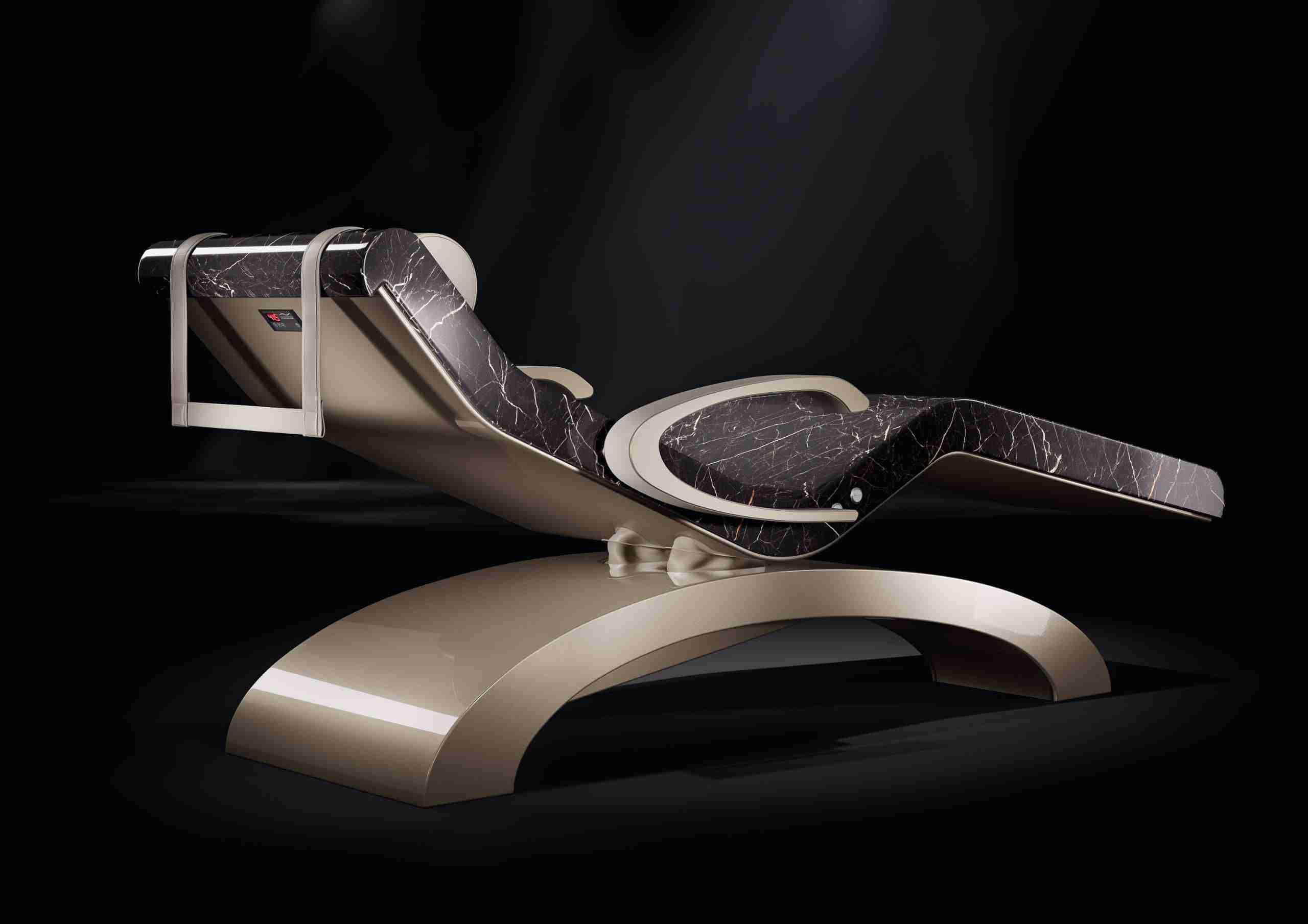 Rear Angle Of Cleopatra Classico Showing Integrated Marble Armrests And Flowing Curves.