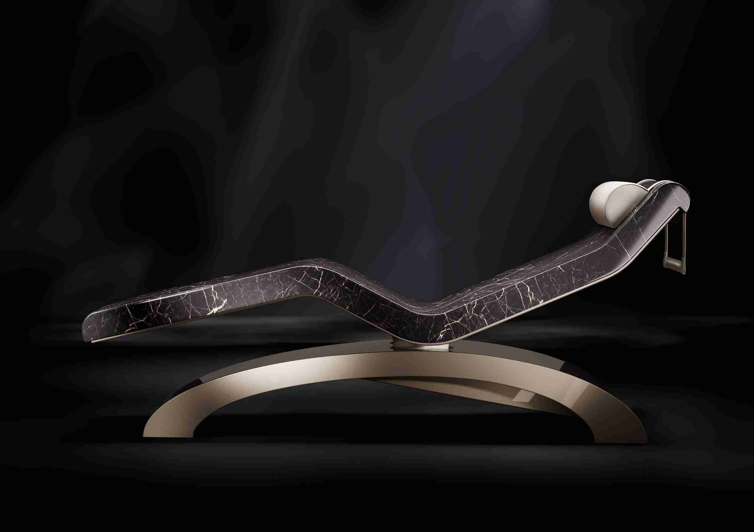 Side Profile Of Cleopatra Classico Heated Marble Lounger — Ergonomic Silhouette For Premium Spas And Tepidaria.