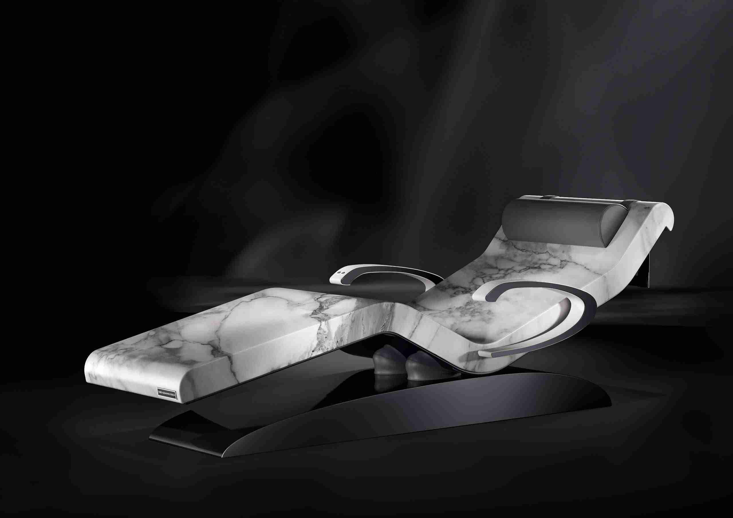 Cleopatra Moderno Heated Lounger With Armrests, Designed By Fabio Alemanno. A Luxurious Heated Spa Chair In Elegant Marble Finish, Offering Ergonomic Comfort And Refined Design For Exclusive Spas, Wellness Resorts, And High-End Interiors.