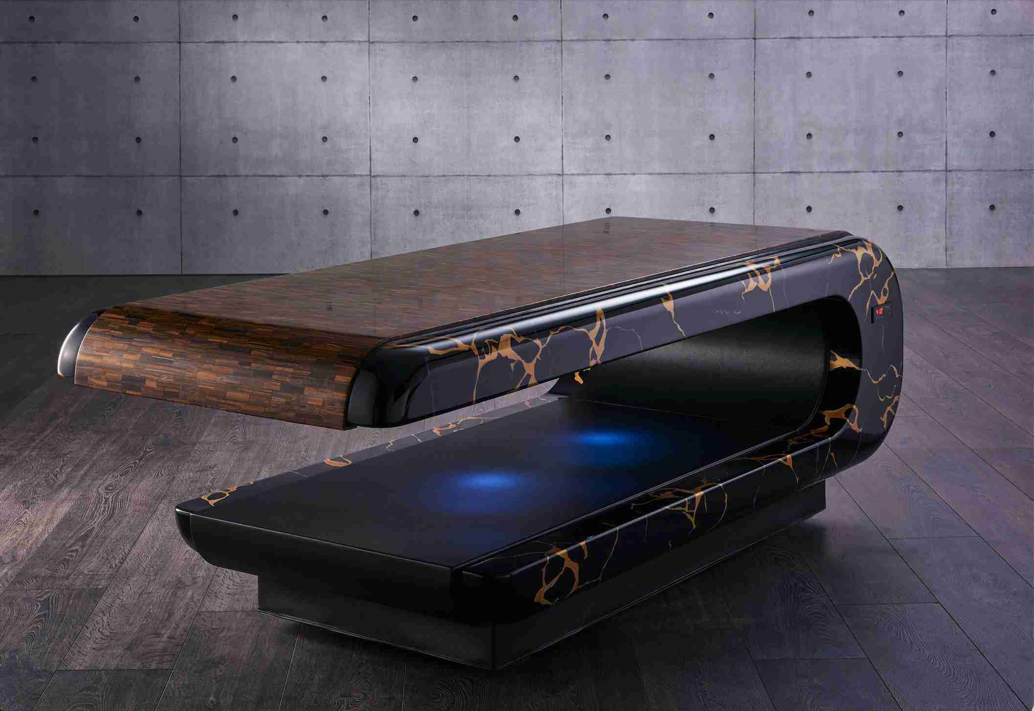 Front View Of Heated Massage Table In Tiger Eye Stone With Golden Veining, Designed For Spa And Wellness Spaces.