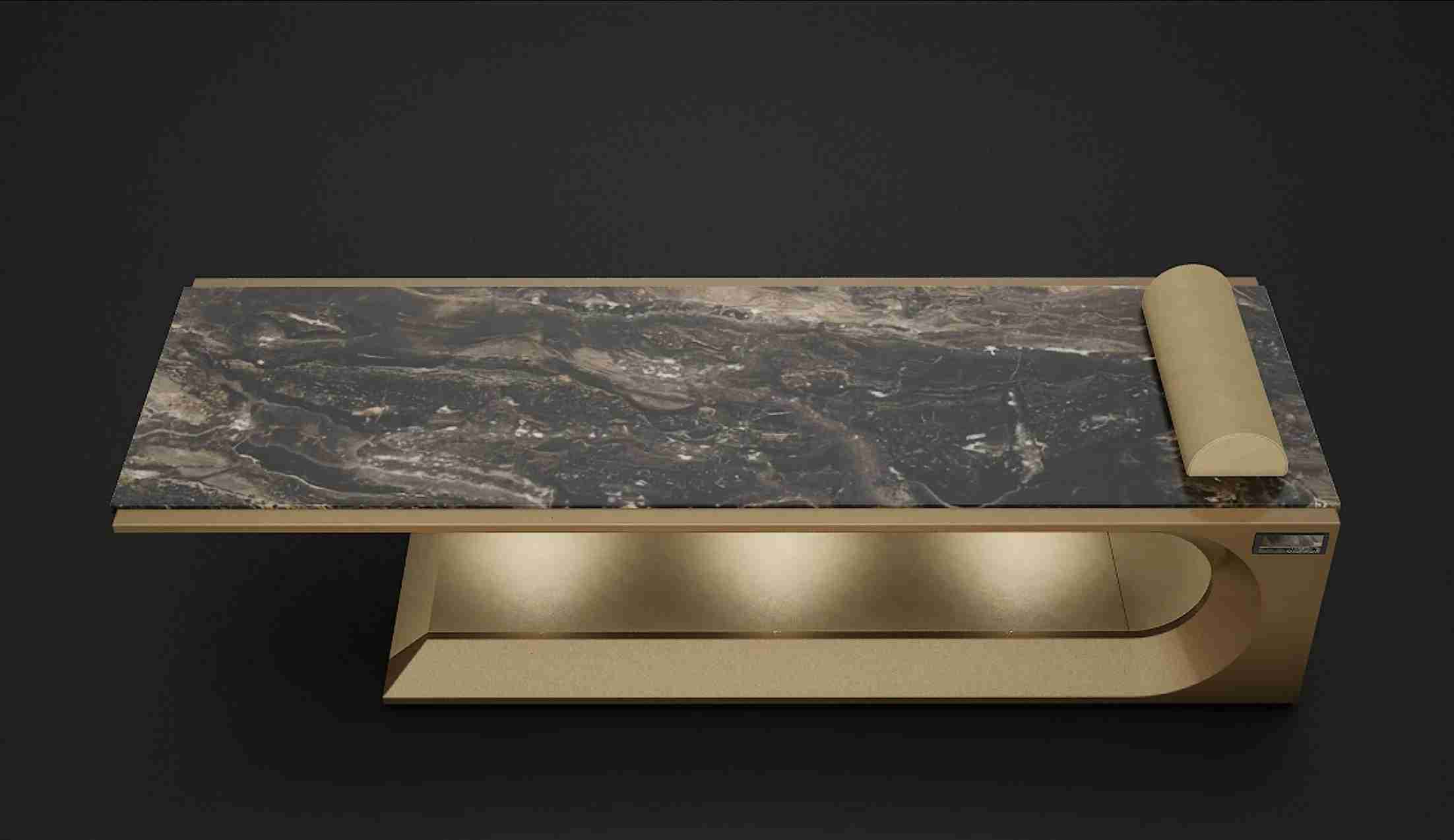 Square Day Bed — Top View Of Black Marble Surface With Golden Frame And Cushion; Uniform Far-Infrared (Fir) Warmth.