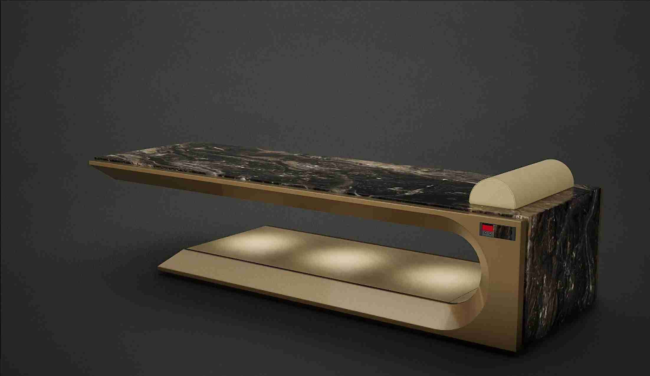 Square Day Bed — Designer Detail: Heated Black Marble With Gold Base Supporting Infrared Wellness Therapy.