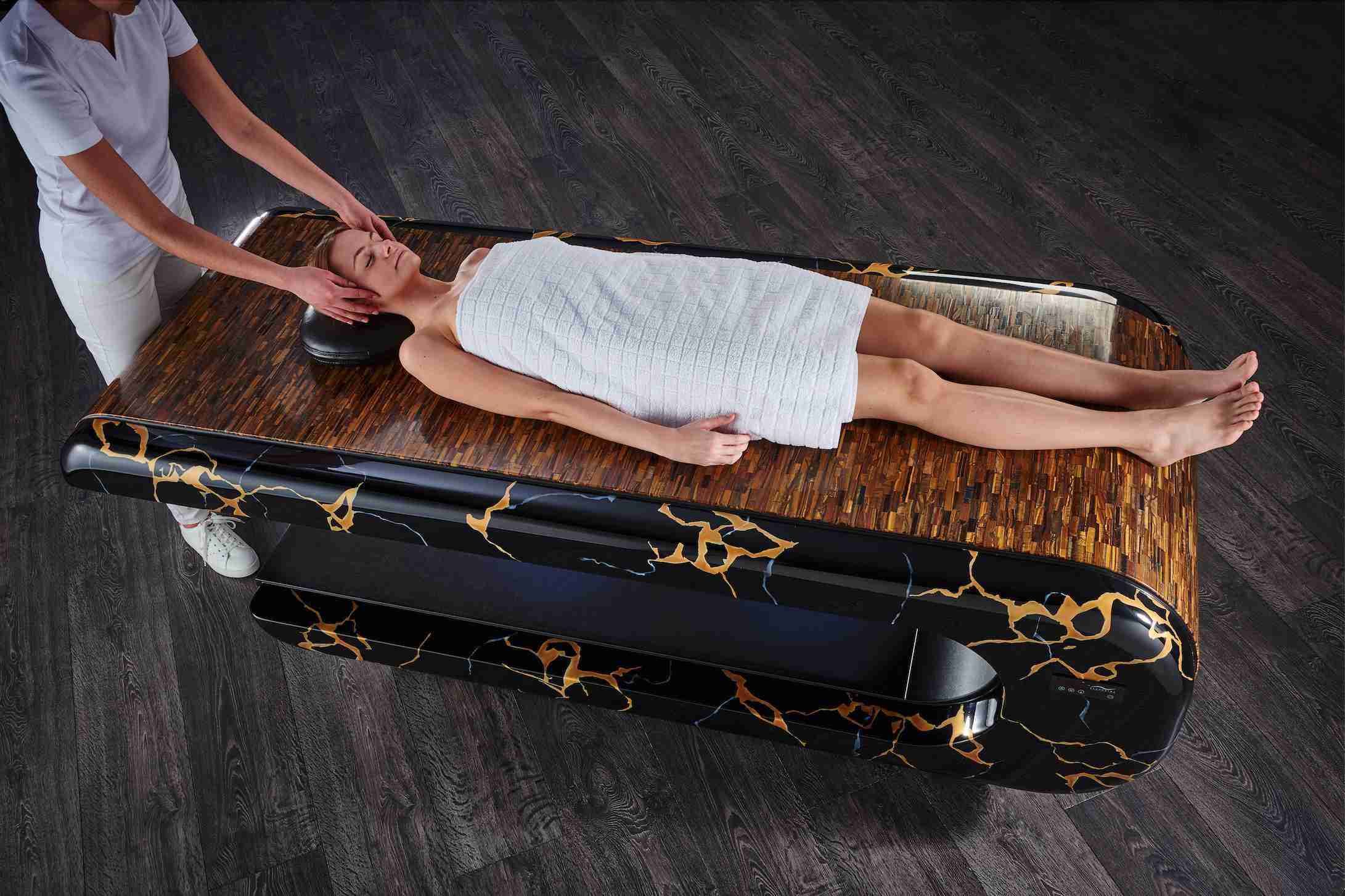 Square Heated Stone Massage Table, Top View — Luxury Spa Furniture For Resorts And High-End Hotels.