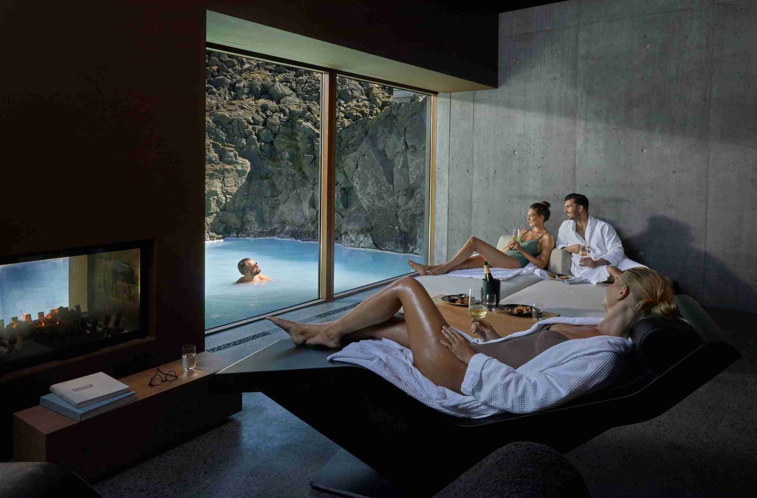 Cleopatra Heated Marble Loungers At The Retreat At Blue Lagoon Iceland — Lava Cove Private Spa Ambiance.