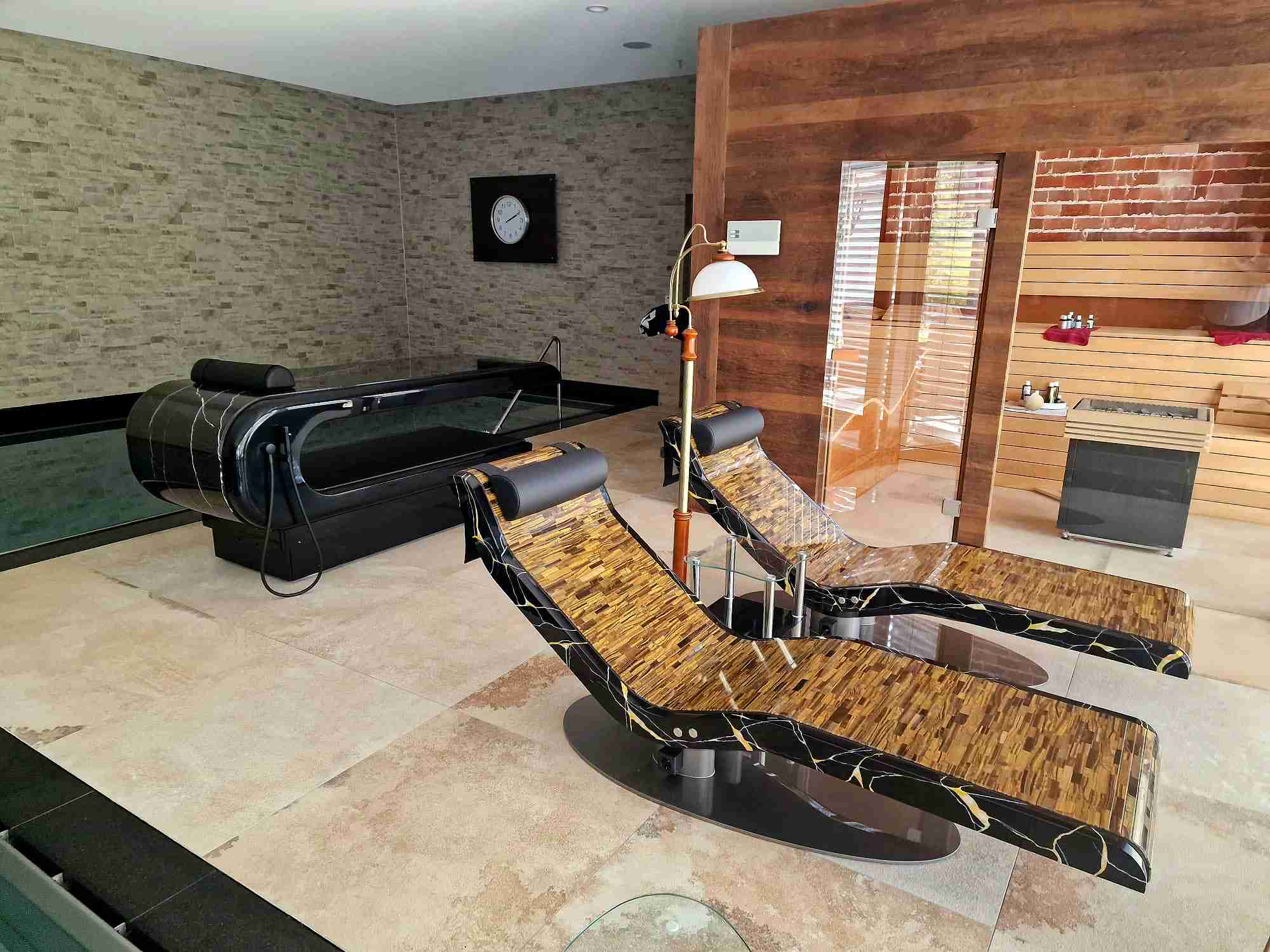 Caesar Empire Heated Lounge Chairs Crafted In Tiger Eye Semiprecious Stone — Bespoke Luxury Finish With Infrared Wellness Heat.