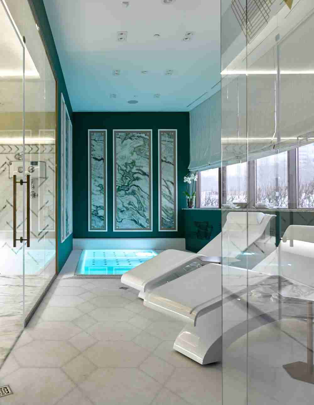 Diva Classico Heated Marble Lounge Chairs — Blanche Glacier Alternate Angle Highlighting Profile And Layout In Spa Area.