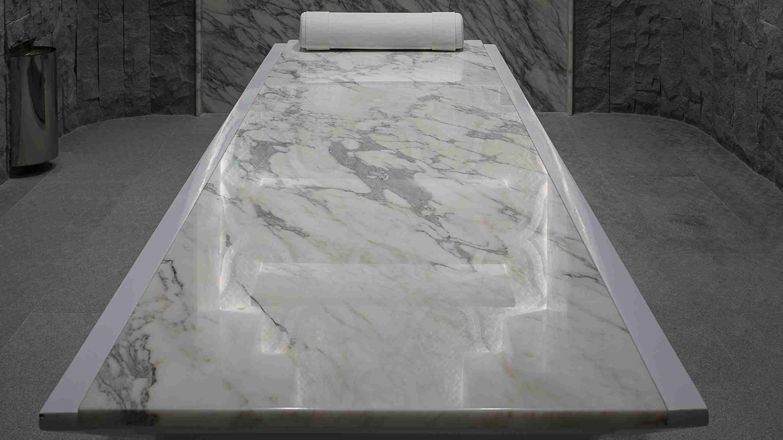 Square Day Bed Infrared Heated Hammam Daybed In Blanche Finish — Sculptural Marble Platform With Hygienic, Gentle Heat For Spa Treatments And Relaxation.