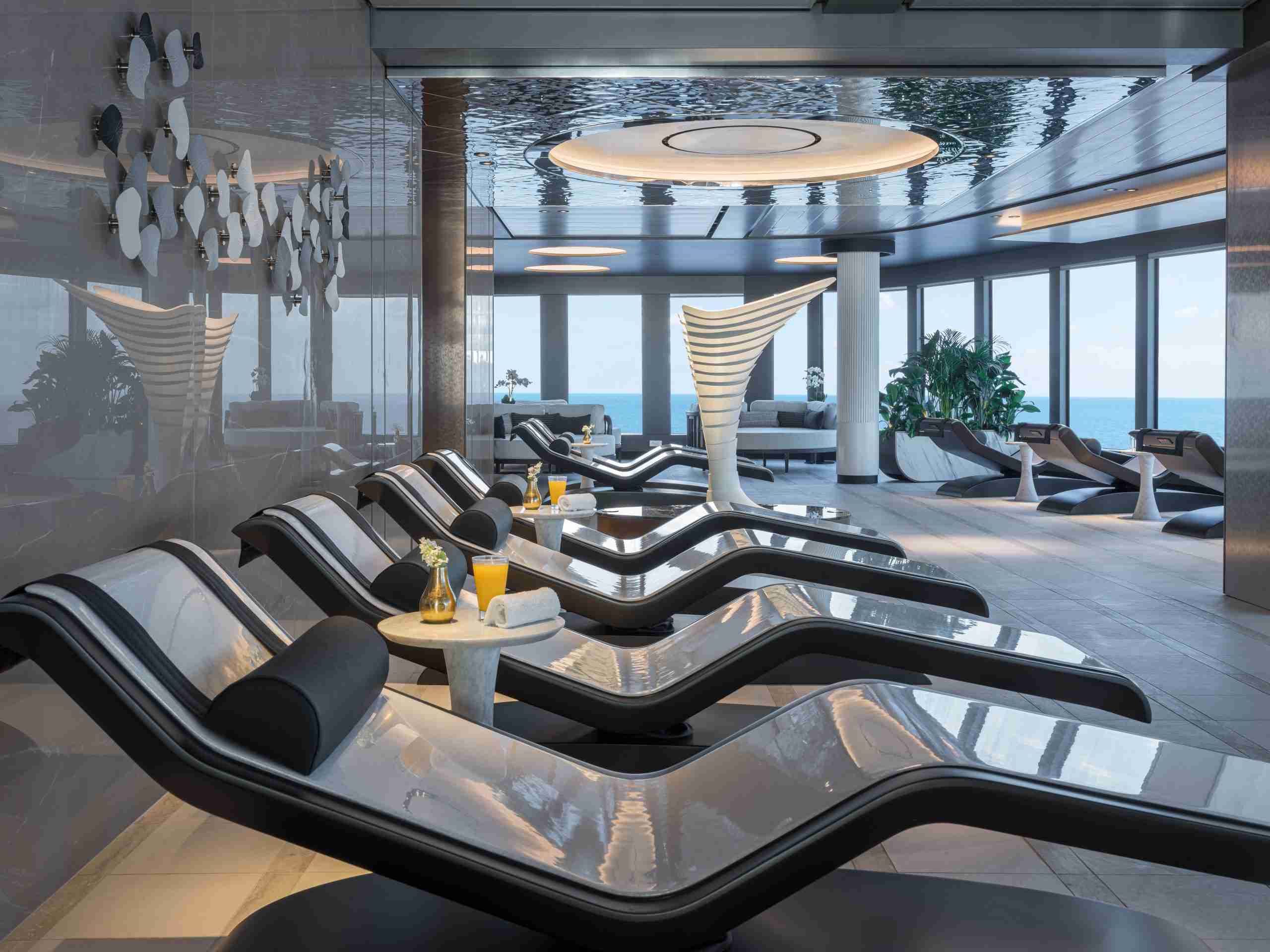 Heated Marble Loungers By Fabio Alemanno Design In The Norwegian Joy Thermal Suite, Overlooking The Sea.
