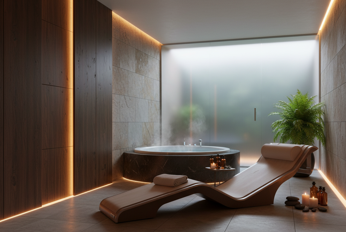 Private Luxury Wellness Concept Interior — Heated Marble Lounger For Luxury Home Wellness And Daily Relaxation