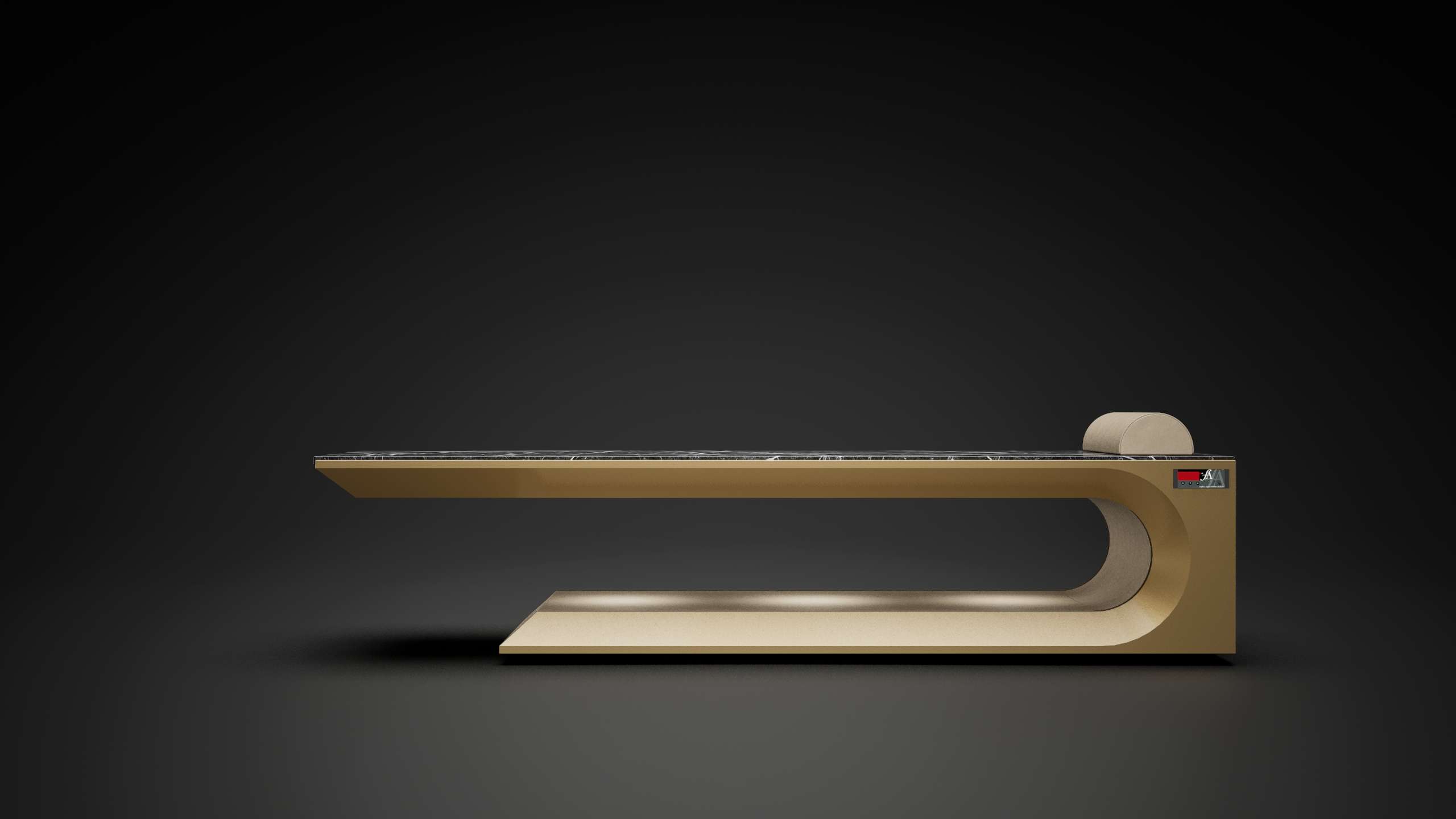 Heated hammam table — Square Day Bed wellness table in luxury spa environment, premium heated loungers and therapy surface